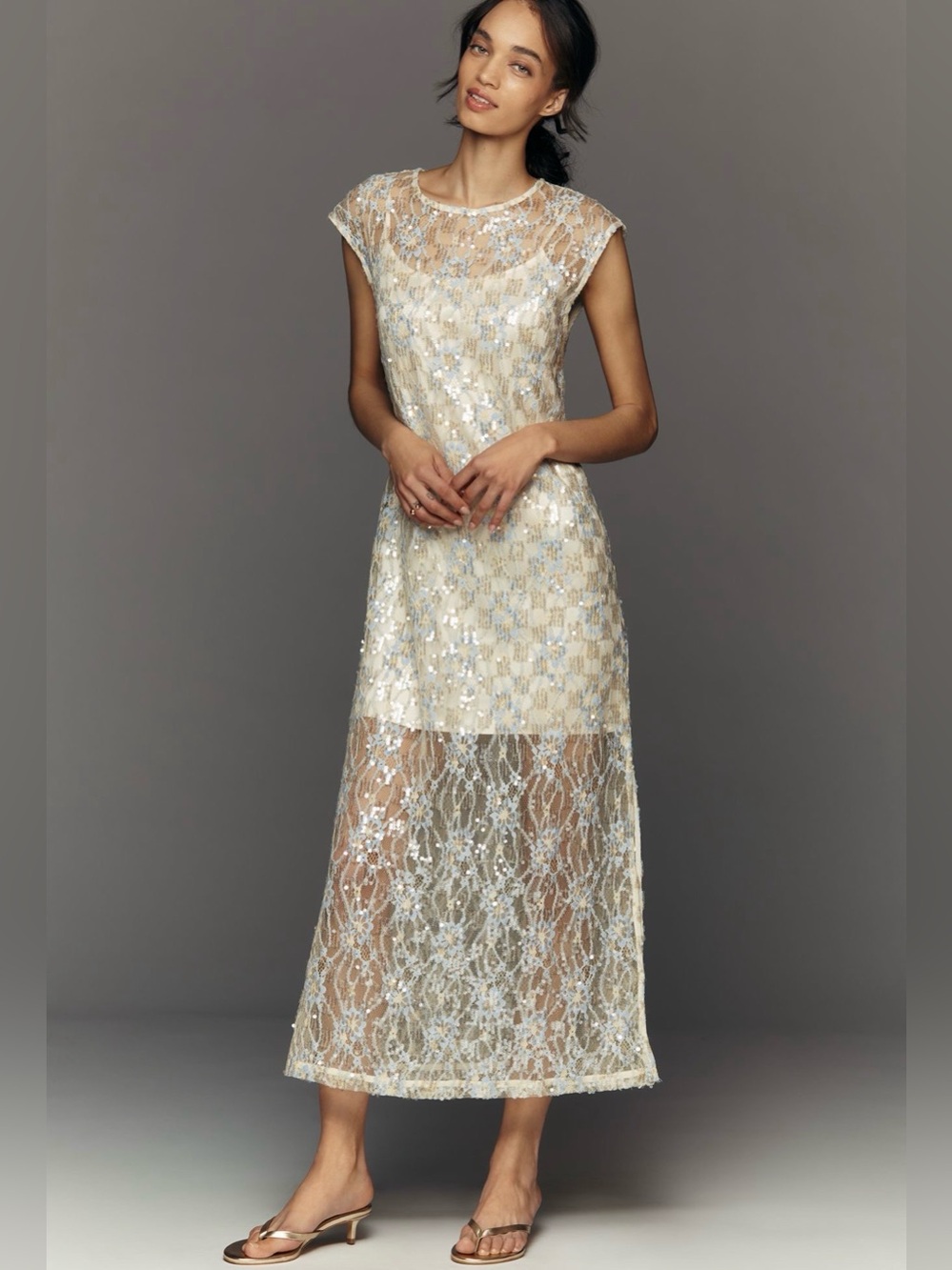 Anthropologie Ivory and Light Blue Beaded Lace Maxi Dress - Picture 3 of 5